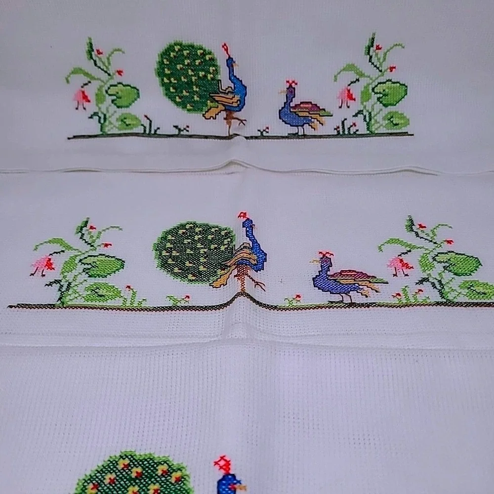 Vintage Peacock Cross Stitch Tea Towels‎ Set of 3 White Cotton Guest Linens Boho